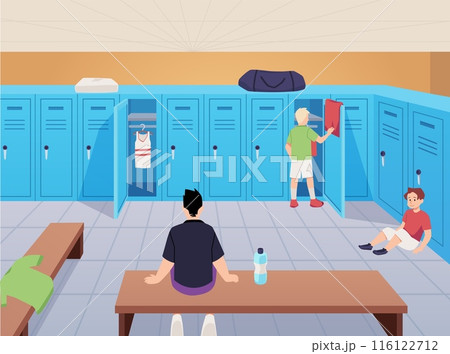 Children n sports locker changing room vector flat, athlete boys sitting on bench resting, changing clothes for training 116122712