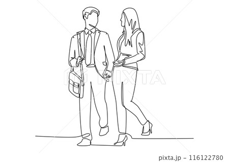 Continuous one line drawing two business colleagues talking and discussing about plan doing project together while walking. Business collaboration. Single line draw design vector graphic illustration Continuous one line drawing two business colleagues talking and discussing about plan doing project together while walking. Business collaboration. Single line draw design vector graphic illustration 116122780