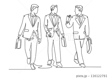 Continuous one line drawing of young happy male sales managers walking together and discussing new product selling strategy. Urban commuter workers. Single line draw design vector graphic illustration 116122781