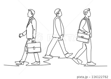 Continuous one line drawing young happy business men talking to his colleagues when walking approaching the office. Business conversation concept. Single line draw design vector graphic illustration 116122782