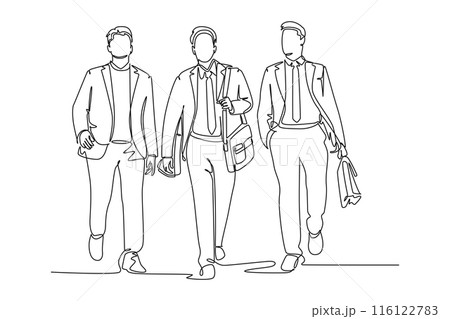 Continuous one line drawing young happy businessmen walking together and discussing new big collaboration project. Urban commuter workers concept. Single line draw design vector graphic illustration 116122783