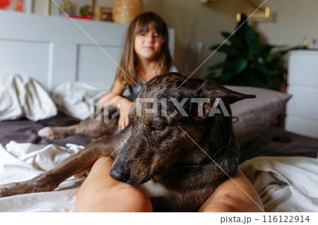 smiling child and dog sitting on the bed next to parent 116122914