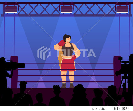 Vector illustration of a female boxer training in the ring with the audience 116123025