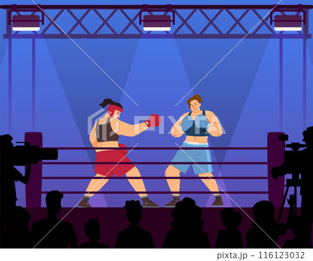 Boxers women in blue and red sportswear boxing on ring with spotlights and spectators, martial sport game competition 116123032