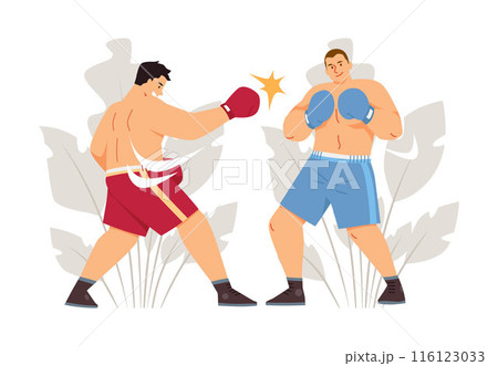 Two boxers fighting flat vector, battle sport game competition professional sportsmen in sportswear on floral background 116123033