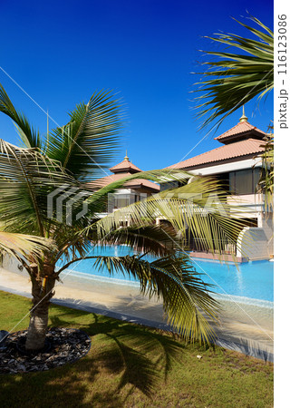The luxury villas in Thai style hotel on Palm Jumeirah man-made island, Dubai, UAE 116123086