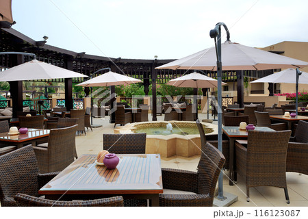 The outdoor terrace of luxury hotel, Fujairah, UAE The outdoor terrace of luxury hotel, Fujairah, UAE 116123087