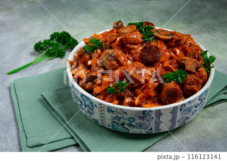 Bigos, bigus is a national Polish dish, made of cabbage and meat, stewed, homemade, no people, 116123141