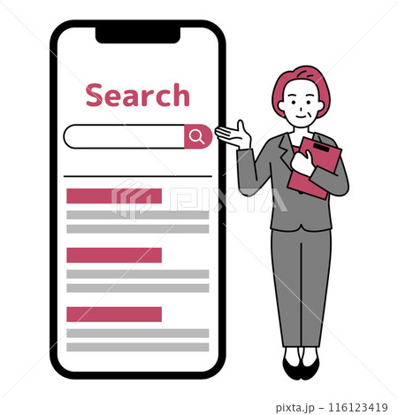 大きいスマートフォンと検索を案内する中年のスーツの女性 大きいスマートフォンと検索を案内する中年のスーツの女性 116123419