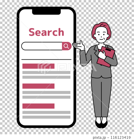 大きいスマートフォンと検索を案内する中年のスーツの女性 大きいスマートフォンと検索を案内する中年のスーツの女性 116123419