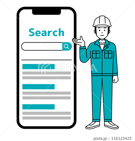 大きいスマートフォンと検索を案内する緑の作業服の男性 116123425