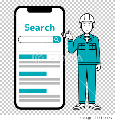 大きいスマートフォンと検索を案内する緑の作業服の男性 116123425