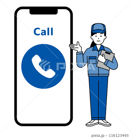 電話マークが表示された大きいスマートフォンと青い作業服の女性 116123493