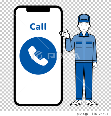 一名身穿藍色工作服的男子和一部帶有電話標記的大型智慧型手機 116123494