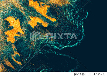 A painting of a blue and green swirl with gold and blue specks 116123524