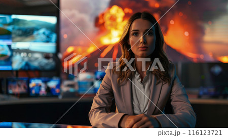 News Anchor Reporting on Volcanic Eruption News Anchor Reporting on Volcanic Eruption 116123721