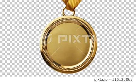 Gold Medal with Detailed Edge and Yellow Ribbon, Close-up of a textured gold medal with a detailed edge, complemented by a yellow ribbon, representing prestige and success, isolated on white. 116123865