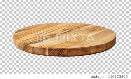 Polished Round Wooden Cutting Board, Elegant round wooden cutting board with a smooth finish, isolated on a white background. 116123866