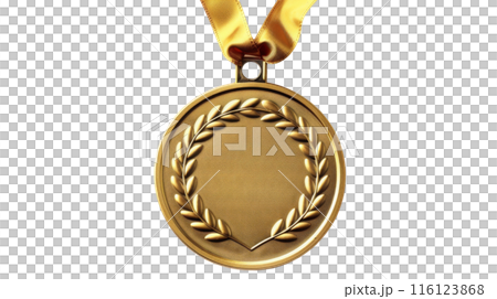 Gold Medal with Laurel Wreath and Ribbon, A gold medal featuring a laurel wreath design and an attached yellow ribbon, symbolizing achievement and honor, isolated on white. Gold Medal with Laurel Wreath and Ribbon, A gold medal featuring a laurel wreath design and an attached yellow ribbon, symbolizing achievement and honor, isolated on white. 116123868