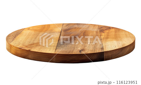 Polished Round Wooden Cutting Board, Elegant round wooden cutting board with a smooth finish, isolated on a white background. 116123951