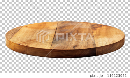 Polished Round Wooden Cutting Board, Elegant round wooden cutting board with a smooth finish, isolated on a white background. 116123951