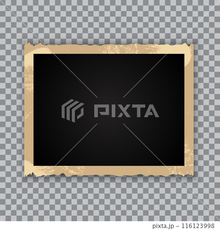 Vintage photo frame on transparent background. Retro old paper picture photo frame template for nostalgia scrapbook. Vector illustration 116123998