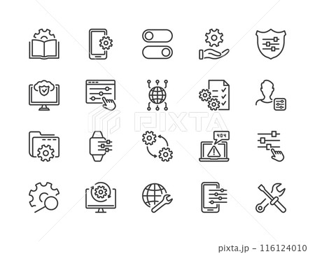 Simple Set of Setup, Repair and Settings. Gear, Screwdriver and Wrench line icons. Tech Support, Settings and Options related Vector line icons set. Editable Stroke. Vector illustration Simple Set of Setup, Repair and Settings. Gear, Screwdriver and Wrench line icons. Tech Support, Settings and Options related Vector line icons set. Editable Stroke. Vector illustration 116124010