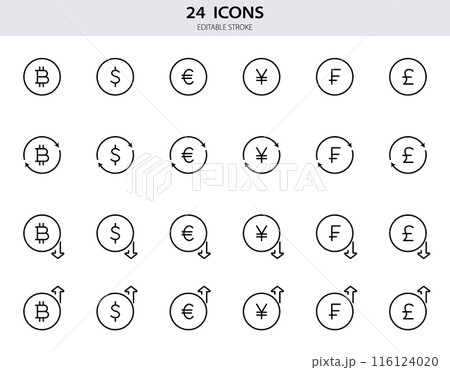 Dollar, euro, bitcoin, pound, franc, yen line icons. Set of currency exchange line icons. Growth and fall of foreign currency. Outline money signs for finance. Editable Stroke. Vector illustration Dollar, euro, bitcoin, pound, franc, yen line icons. Set of currency exchange line icons. Growth and fall of foreign currency. Outline money signs for finance. Editable Stroke. Vector illustration 116124020
