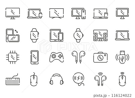 Set of Device Line Icon. Contain Laptop, Phone, Headphone, PC, Notebook, Digital Equipment. Wireless Smart Electronic Gadget Linear Icons. Device Pictogram. Editable Stroke. Vector Illustration Set of Device Line Icon. Contain Laptop, Phone, Headphone, PC, Notebook, Digital Equipment. Wireless Smart Electronic Gadget Linear Icons. Device Pictogram. Editable Stroke. Vector Illustration 116124022