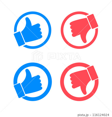 Like and dislike vector flat Icons. Thumbs up and thumbs down icons. Blue like button, red dislike button. Design Elements for smm, ad, marketing, ui, ux, app. Vector illustration 116124024