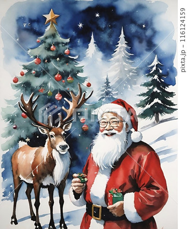 クリスマスの森の中 トナカイとサンタクロースのイラスト素材