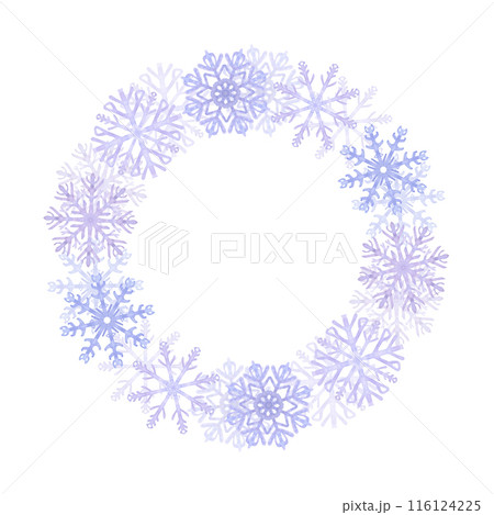 Snowflakes round wreath frame, blue lilac frost crystals. Symbol of winter, cold weather. New Year and Christmas holiday card. Hand drawn watercolor illustration isolated on white background 116124225