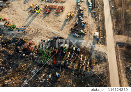 Aerial View of Agricultural Equipment Lined Up in Georgia Aerial View of Agricultural Equipment Lined Up in Georgia 116124280