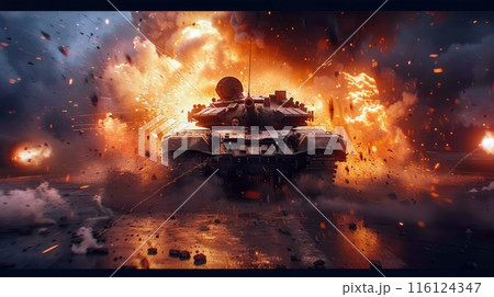 military equipment in battle. a large armored tank is coming to attack. The unit of equipment is surrounded by fire and smoke. military weapon in action 116124347