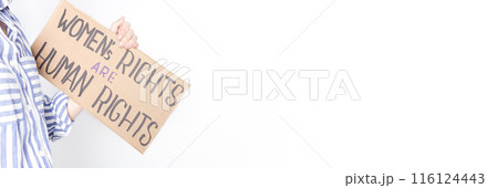Woman holding a sign with the text Womens Rights are Human Rights on a white background 116124443