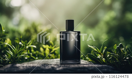 Transparent black glass perfume bottle mockup with plants on background. Eau de toilette. Mockup, spring flat lay. 116124478