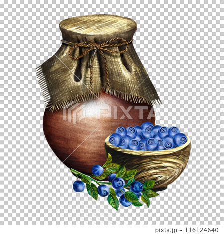 Blueberries in a wooden bowl next to an earthenware jug. Blueberry yogurt. Rustic still life. Handmade watercolor illustrations. Isolates. For packages, labels and flyers. For banners, stickers. Blueberries in a wooden bowl next to an earthenware jug. Blueberry yogurt. Rustic still life. Handmade watercolor illustrations. Isolates. For packages, labels and flyers. For banners, stickers. 116124640