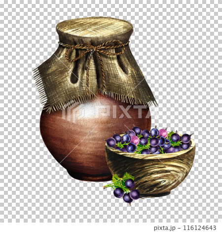 Black currant in a wooden bowl next to an earthenware jug. Currant yogurt. Rustic still life. Handmade watercolor illustrations. Isolates. For packages, labels and flyers. For banners, stickers. 116124643
