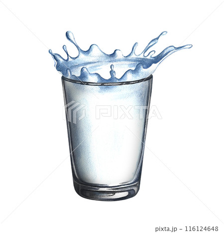 A glass glass with milk. A hand-drawn watercolor illustration. Isolate. For advertising banners and flyers about milk, packaging with labels of dairy products. 116124648