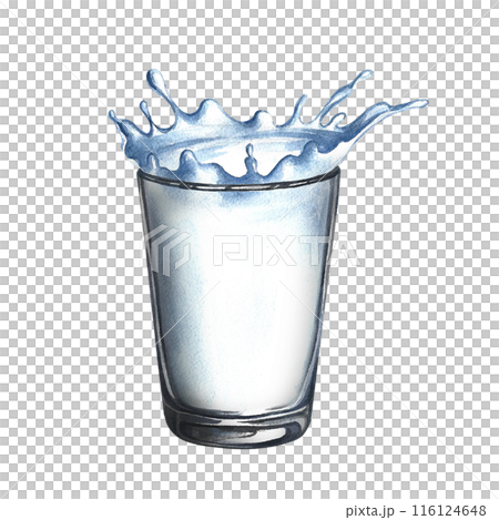 A glass glass with milk. A hand-drawn watercolor illustration. Isolate. For advertising banners and flyers about milk, packaging with labels of dairy products. 116124648