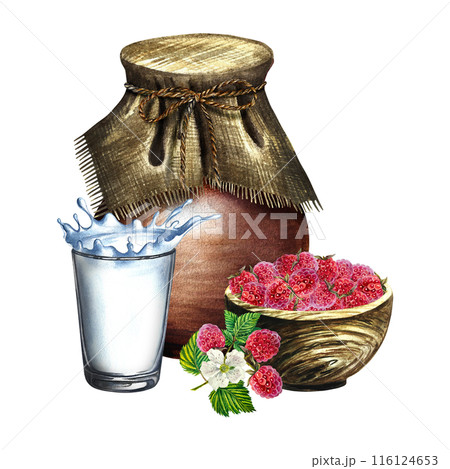 Raspberries with milk. Raspberry yogurt. Still life in a rustic style with a jug, a wooden bowl and a glass of milk. Handmade watercolor illustration. For packages and labels. For banners, stickers. 116124653