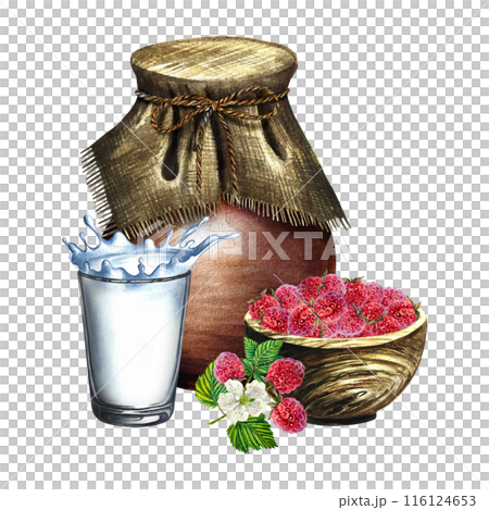 Raspberries with milk. Raspberry yogurt. Still life in a rustic style with a jug, a wooden bowl and a glass of milk. Handmade watercolor illustration. For packages and labels. For banners, stickers. 116124653