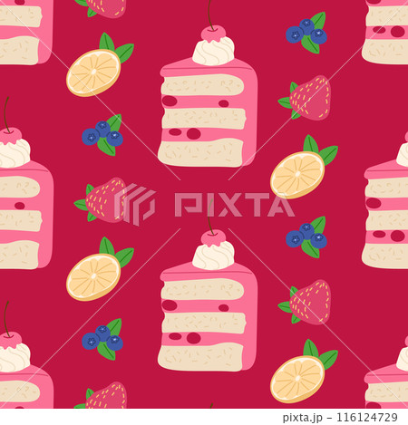 Food seamless pattern with cherry cake and berries 116124729