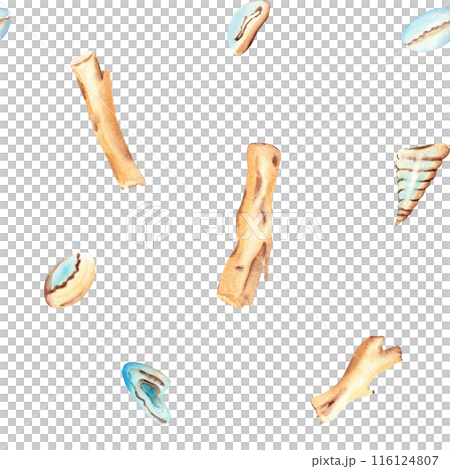 Watercolor Under the sea hand drawn Seamless Pattern with Seashells and Wooden Stocks. For fabric, textiles, clothes, wallpaper, marine beach design. Watercolor Under the sea hand drawn Seamless Pattern with Seashells and Wooden Stocks. For fabric, textiles, clothes, wallpaper, marine beach design. 116124807