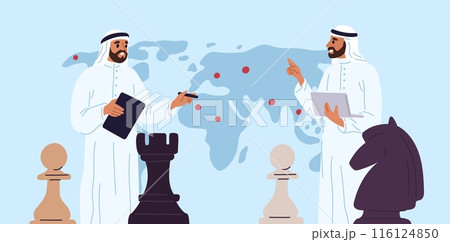 Arabic business people. Saudi men in traditional robes build strategy using chess pieces on world map background. Muslim businessmen. Diplomacy and negotiation. Garish vector concept Arabic business people. Saudi men in traditional robes build strategy using chess pieces on world map background. Muslim businessmen. Diplomacy and negotiation. Garish vector concept 116124850