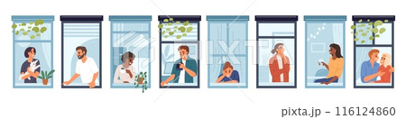 Housemates looking out windows. People in apartments. Fluttering curtains. Neighbors sitting at windowsill. Happy characters drinking coffee or playing with pets. Garish vector set 116124860