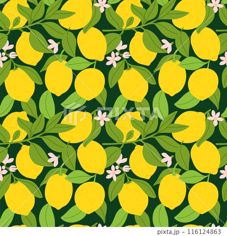 Lemons seamless pattern. Repeated juicy sour fruits. Yellow whole citrus on twigs with leaves and flowers. Tropical print design. Citron branches. Exotic plants. Garish vector background 116124863