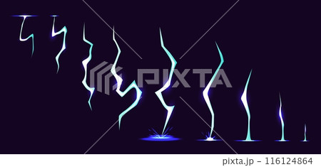 Lightning animation frames. Cartoon thunderbolts sequences. Flashlight hit movie. Natural phenomena with sparks effect. Thunderstorm glow. Electricity impact. Vector thunder flashes set 116124864