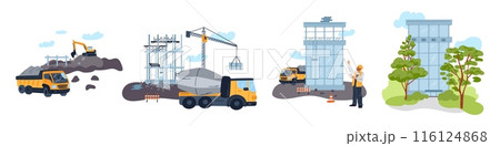 Several stages of building construction. Digging pit with excavator truck. Concrete frame loading. Surrounding area landscaping. Worker controls build process. Garish vector concept 116124868