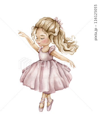Watercolor dancing ballerina in pink dress and blond hair. Hand drawn classic ballet performance, pose. Young ballerina kid illustration isolated. Cute watercolor illustration for baby girl nursery 116125055